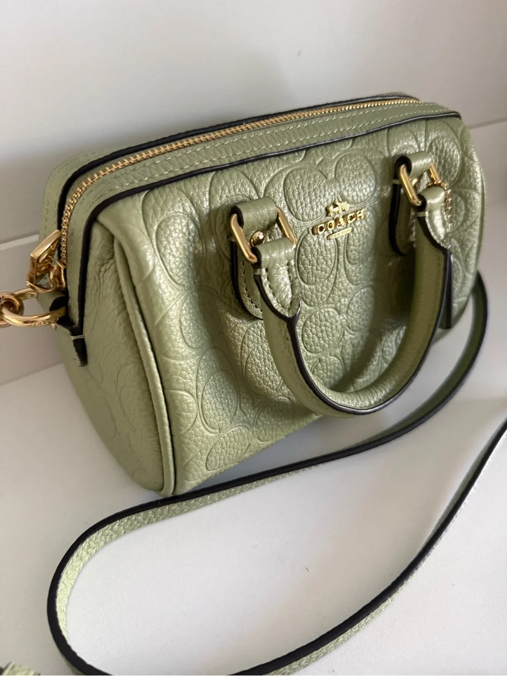 Coach Signature Mini Rowan Embossed Leather Satchel in Light Green